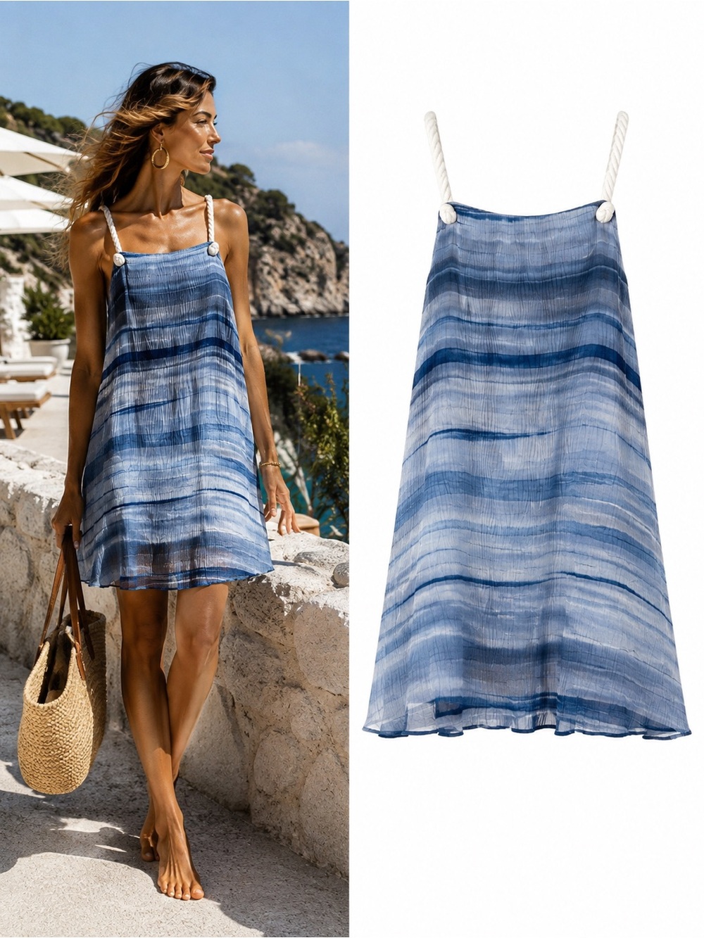 Azulu Indigo Wave Plissé Rope Halter Mini Dress Blue Luxury Resortwear Size 10